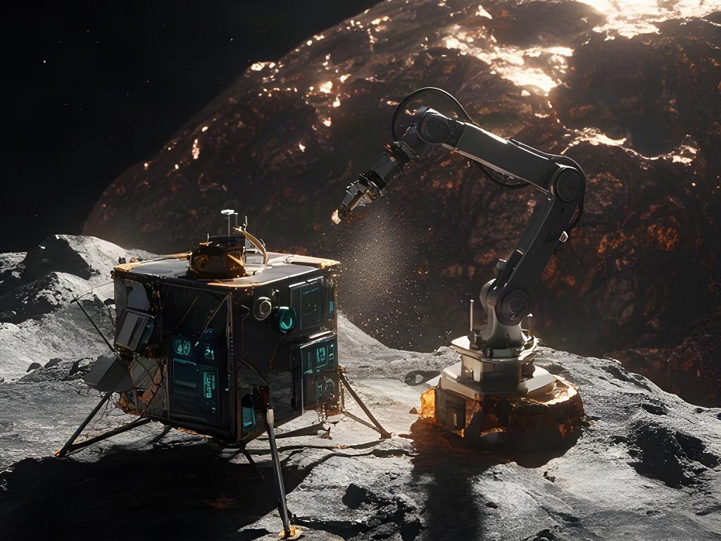 Asteroide Proxima-1 osservato da una sonda con braccio per l'estrazione di campioni