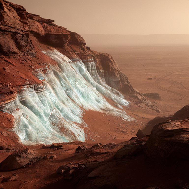 Terreno marziano con strati di ghiaccio esposti lungo una parete rossastra