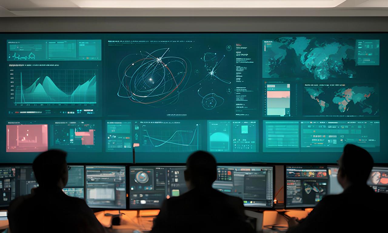 Sala operativa con pannelli di controllo che mostrano metriche di missione