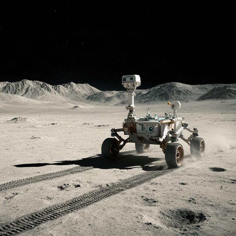 Rover autonomo che percorre una pianura lunare ricoperta di regolite